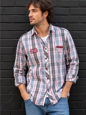 Quest Plaid Button Up Shirt Large Union Jack Patch Long Sleeve Casual